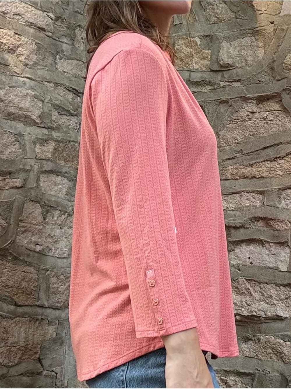 Liz Claiborne Coral Pink Split-Neck Long Sleeve Top - Picture 2 of 2